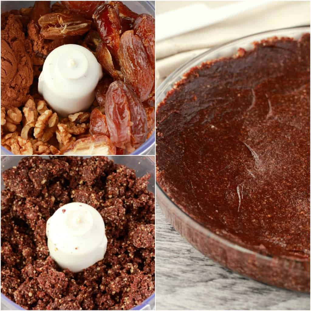 Étape par étape, collage de photos de fabrication d'une croûte à tarte pour une tarte au chocolat. 