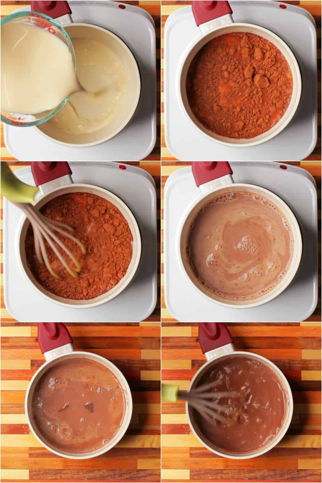 Étape par étape, collage de photos de fabrication de chocolat chaud végétalien. 