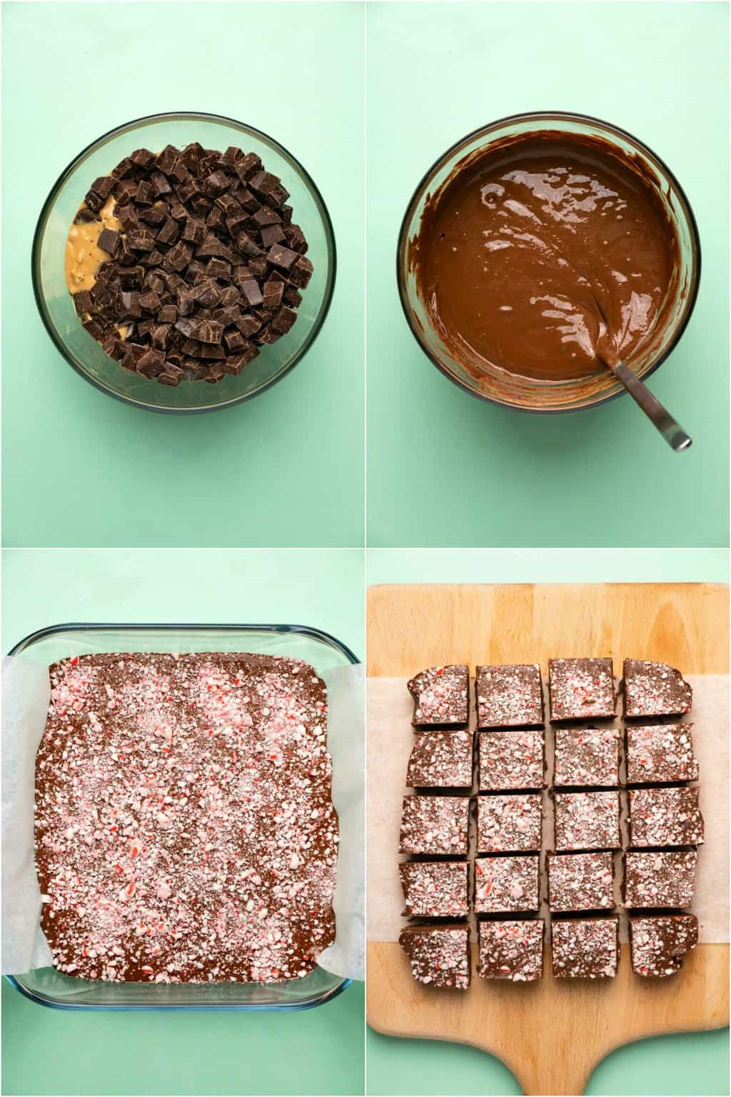 Étape par étape, collage de photos de fabrication de fudge végétalien à la menthe poivrée