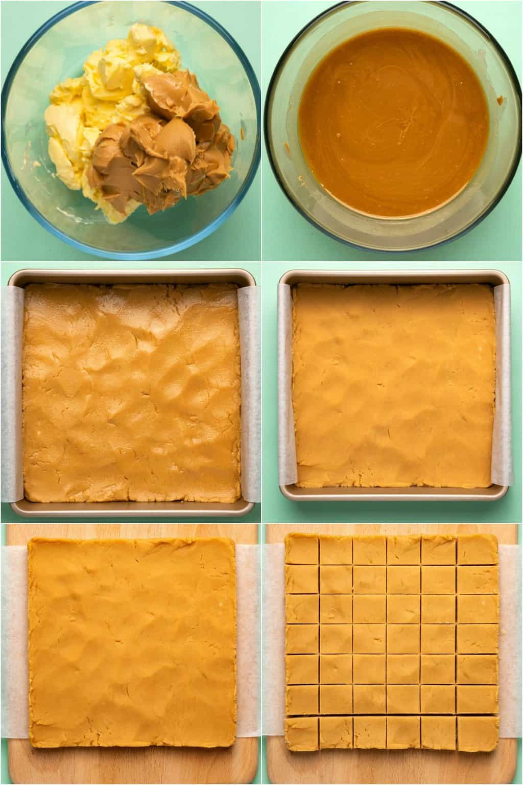Étape par étape, collage de photos de fabrication de fudge au beurre d'arachide végétalien.