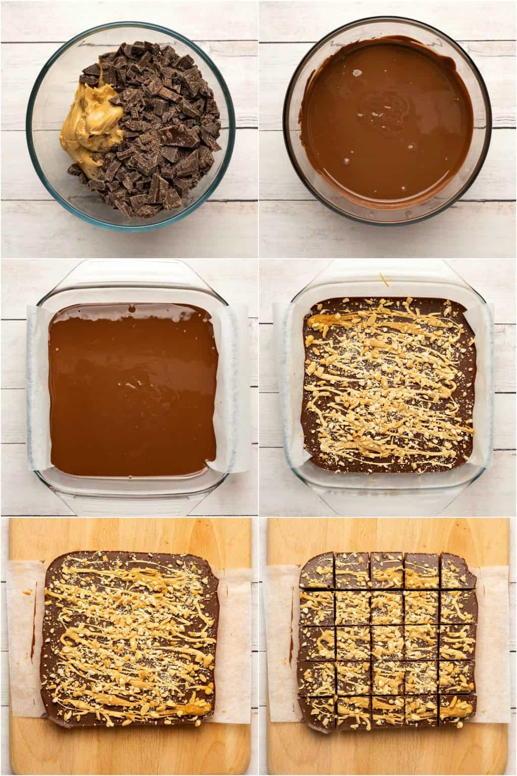 Étape par étape, collage de photos de fabrication de fudge au beurre d'arachide au chocolat végétalien.