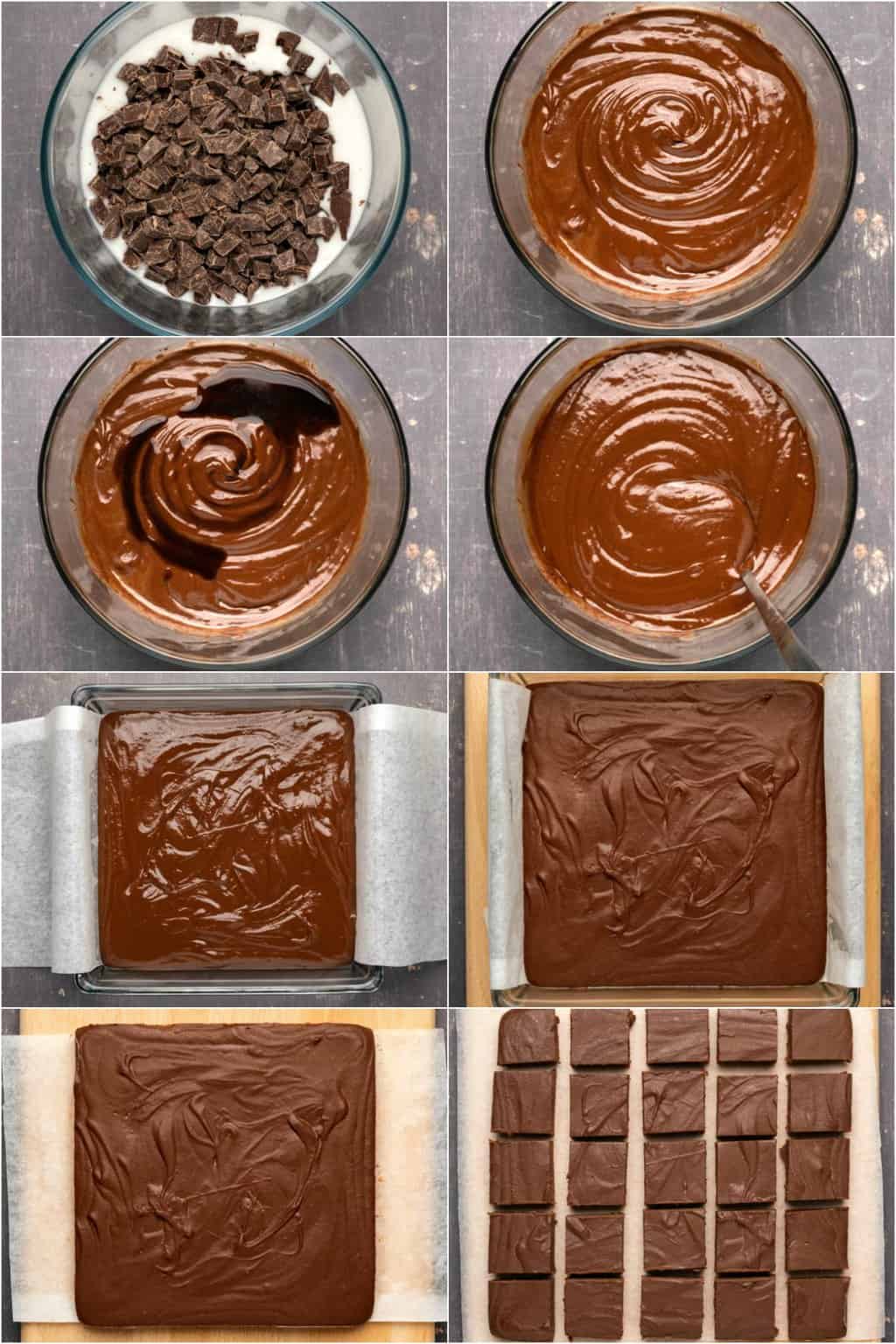 Processus étape par étape de collage de photos de fabrication de fudge végétalien à 3 ingrédients. 