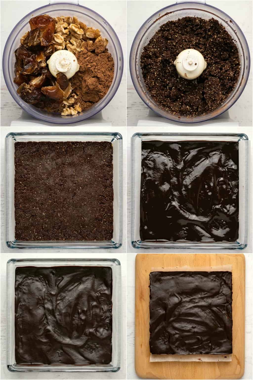 Étape par étape, collage de photos de fabrication de brownies végétaliens crus.
