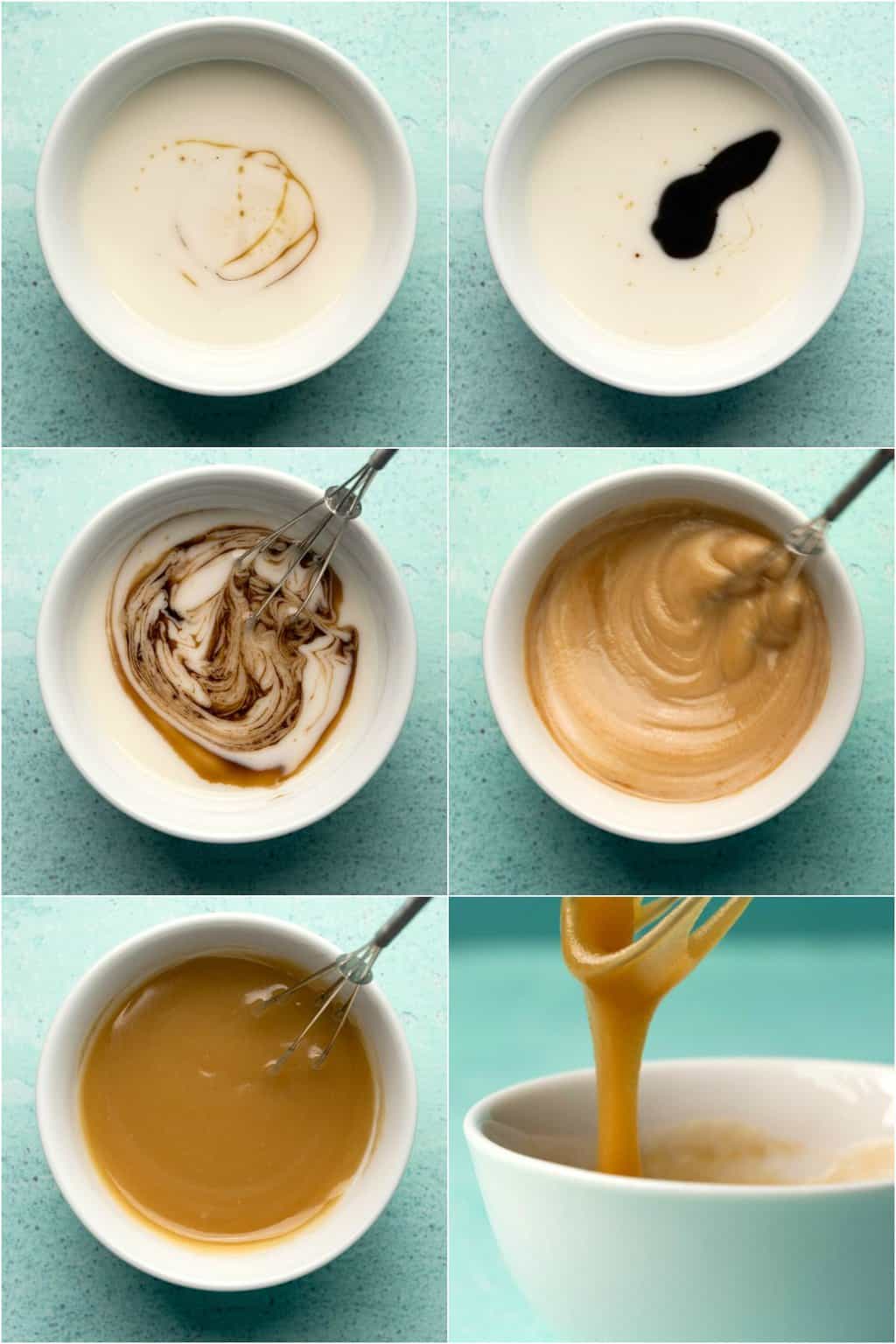 Processus étape par étape de collage de photos pour préparer une sauce végétalienne au caramel.