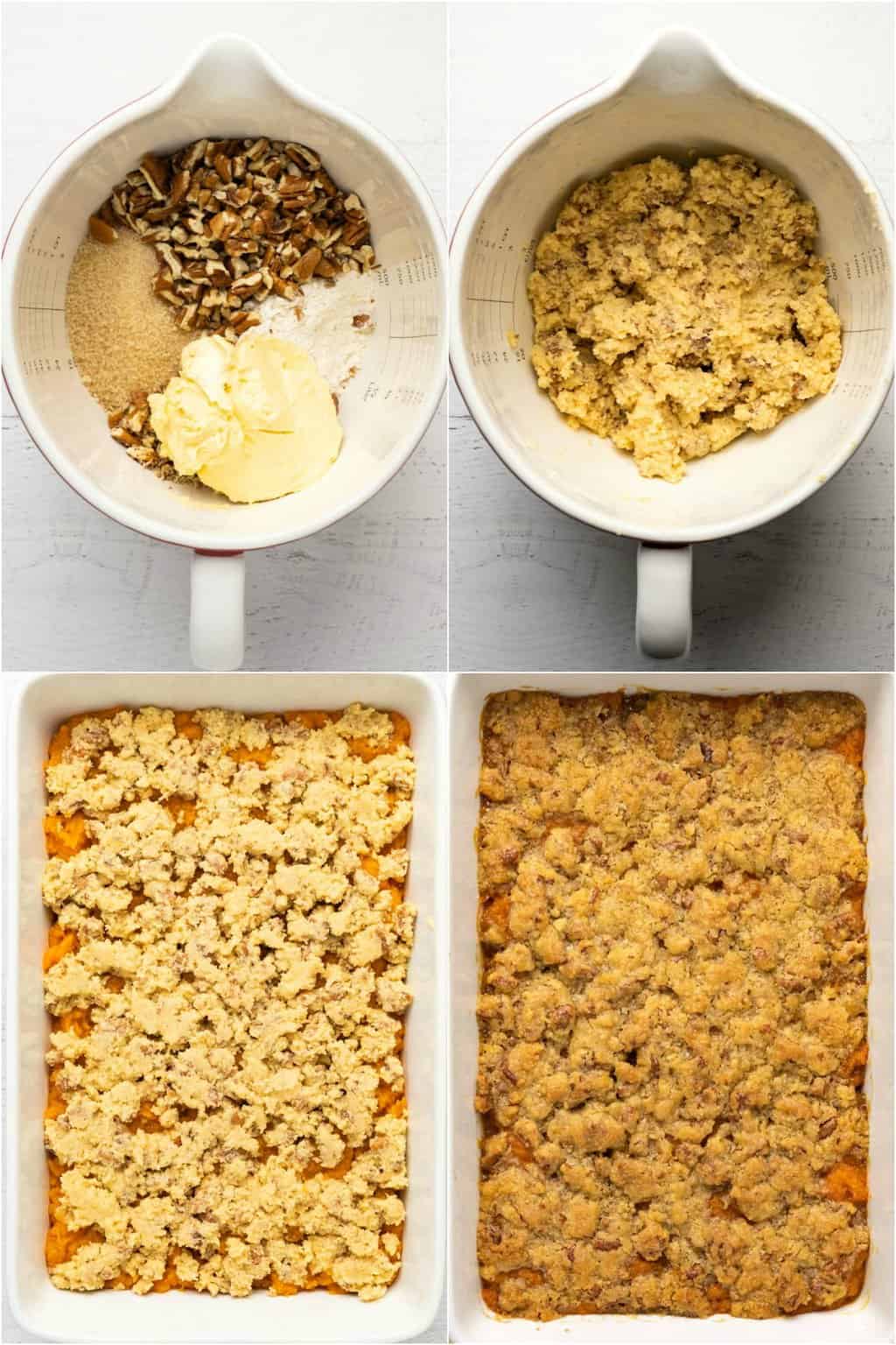 Processus étape par étape de collage de photos de fabrication de la garniture streusel et d'assemblage d'une casserole végétalienne de patates douces