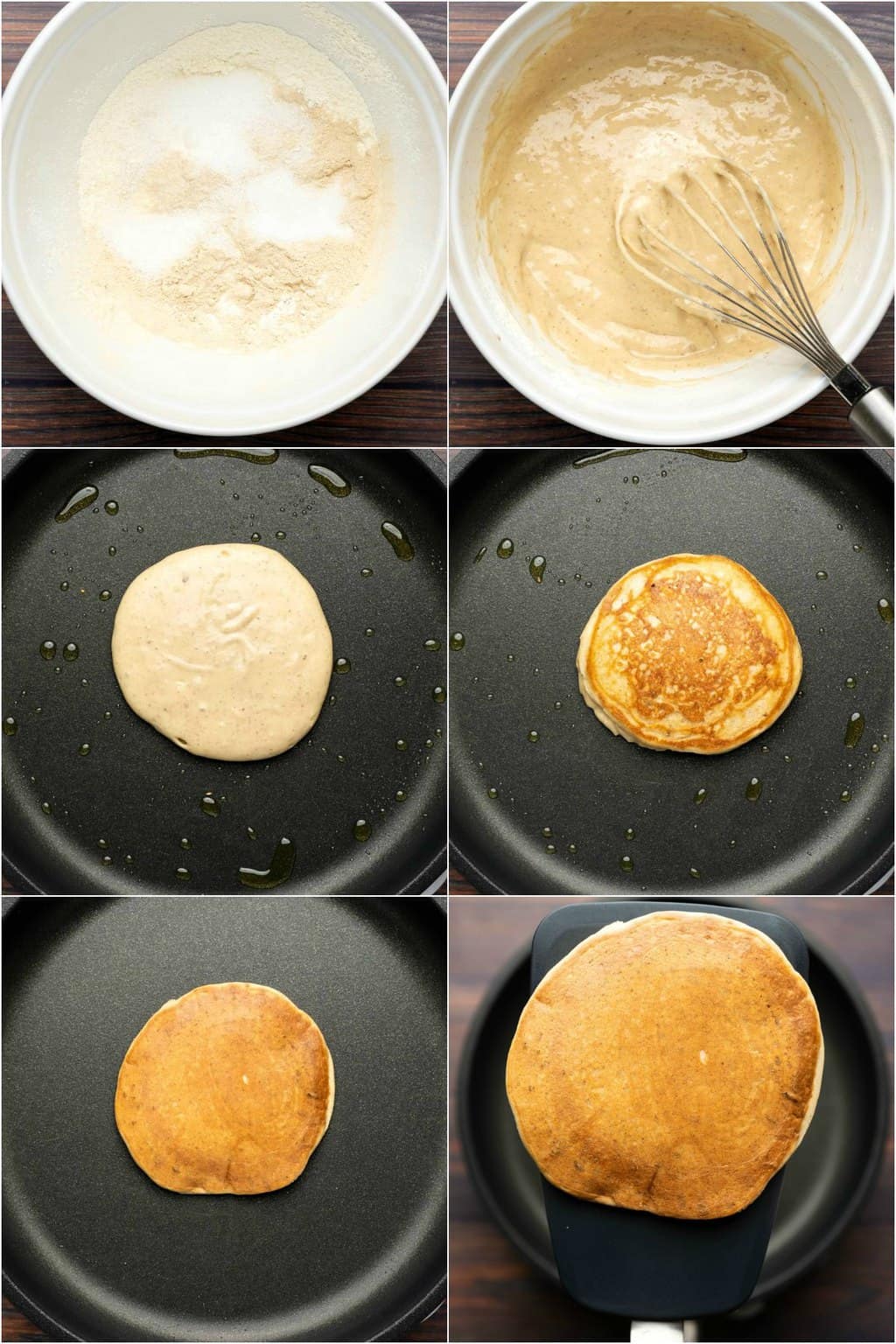 Étape par étape, collage de photos de fabrication de crêpes protéinées végétaliennes.