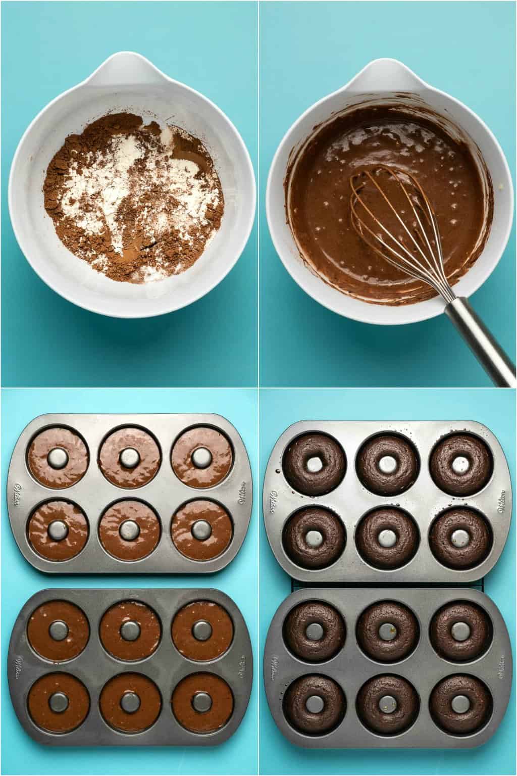 Étape par étape, collage de photos de fabrication de beignets au chocolat végétalien. 