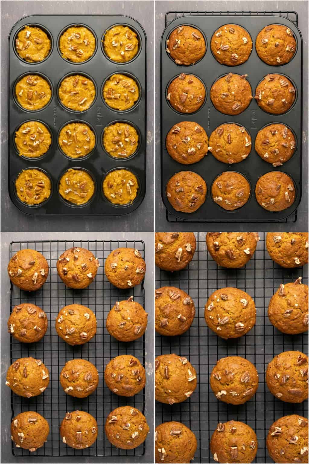 Étape par étape, collage de photos de fabrication de muffins végétariens à la citrouille.