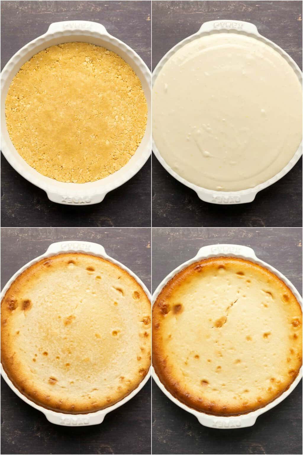 Étape par étape, collage de photos de fabrication de gâteau au fromage sans produits laitiers.