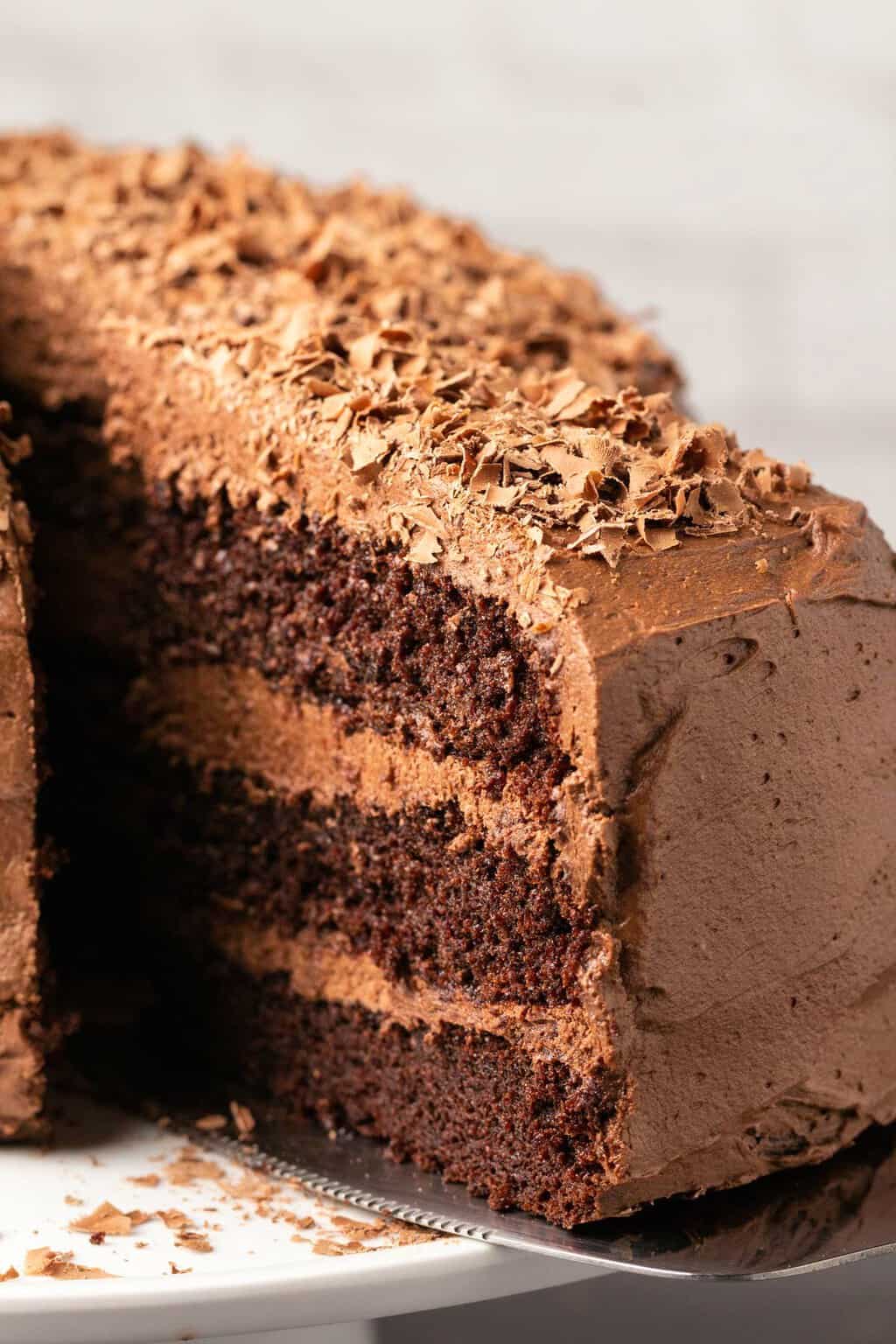 Gâteau au chocolat sans produits laitiers sur un stand de gâteau blanc.