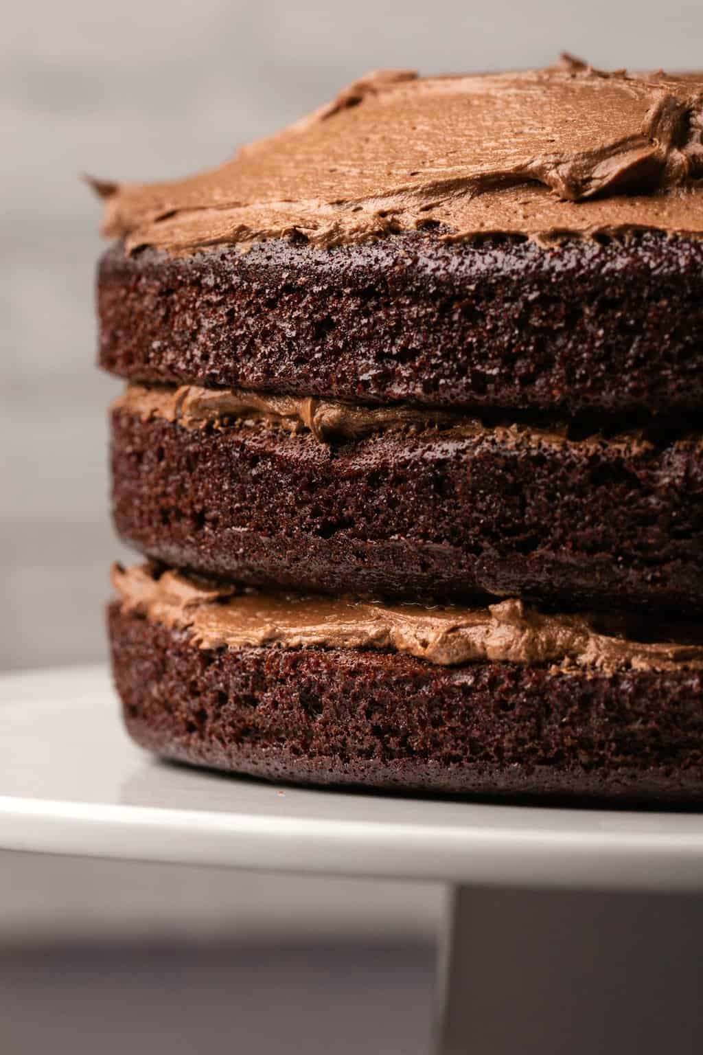 Gâteau au chocolat sans produits laitiers à trois couches avec côtés nus sur un support à gâteau blanc.