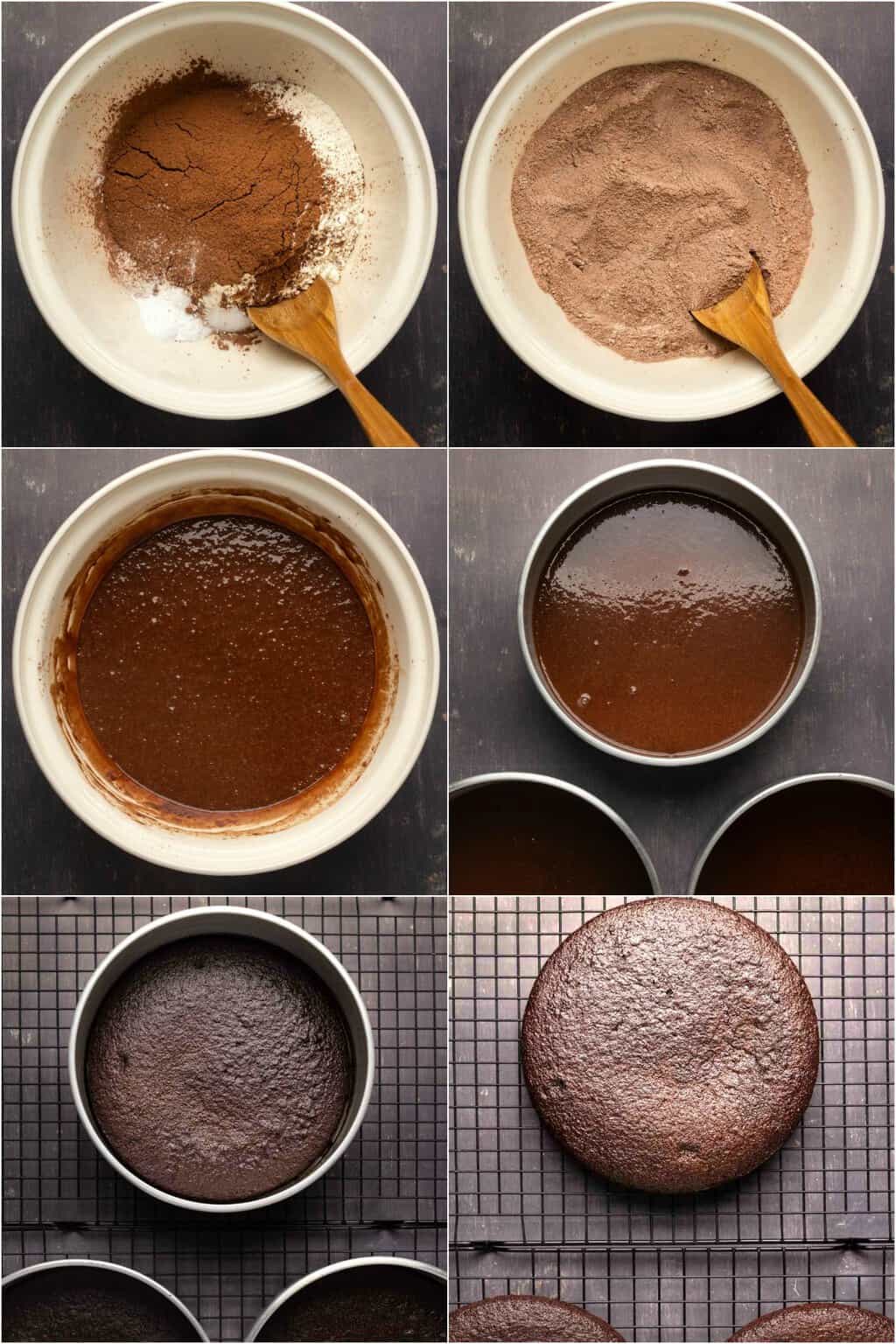 Étape par étape, collage de photos de fabrication d'un gâteau au chocolat sans produits laitiers.