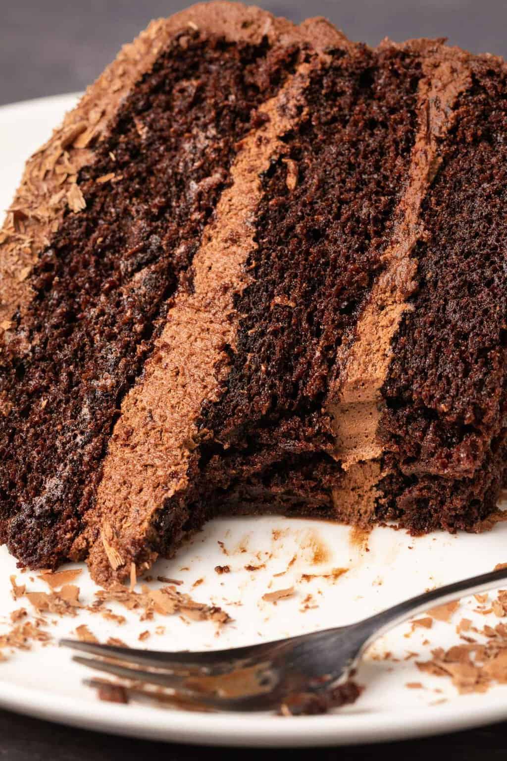 Tranche de gâteau au chocolat sans produits laitiers sur une plaque blanche avec une fourchette.