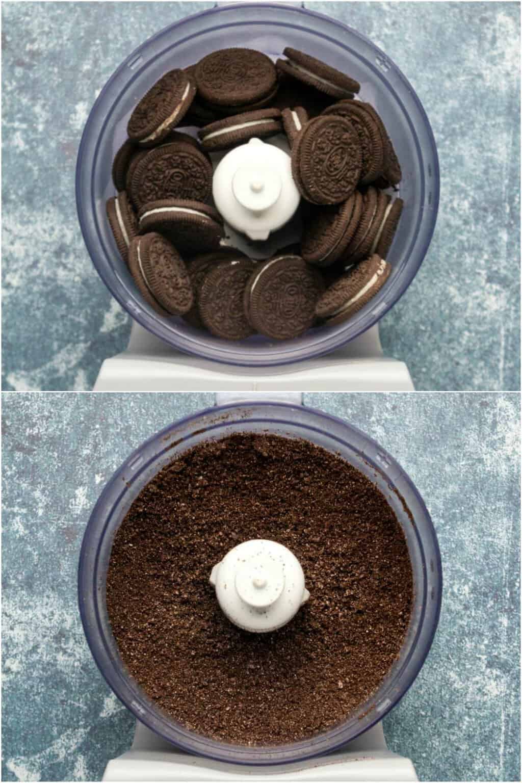 Étape par étape, préparez des photos de la préparation d'une croûte de biscuits oreo pour une tarte au chocolat.