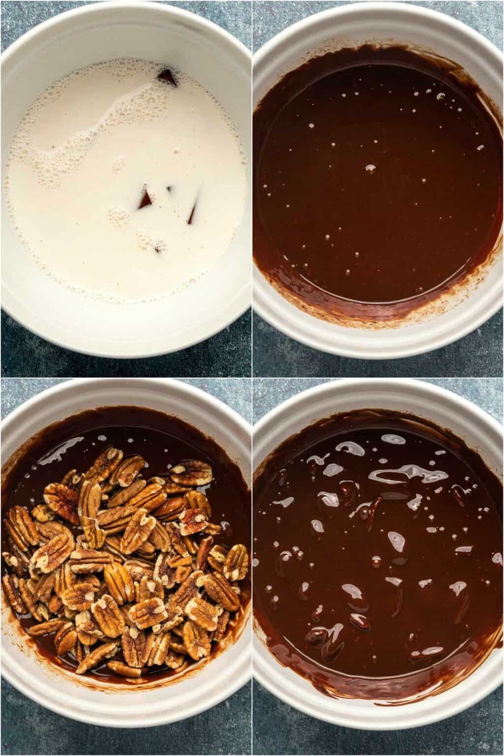 Traitez les photos étape par étape pour préparer une ganache au chocolat pour une tarte au chocolat végétalienne.