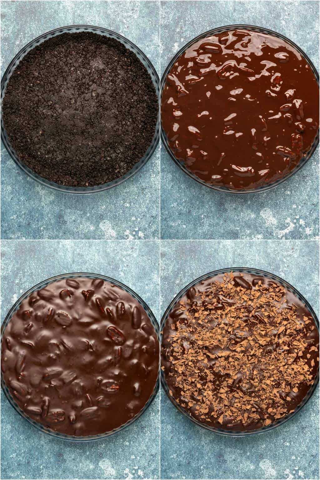 Étape par étape, procédez au collage photo de l'assemblage d'une tarte au chocolat végétalienne.