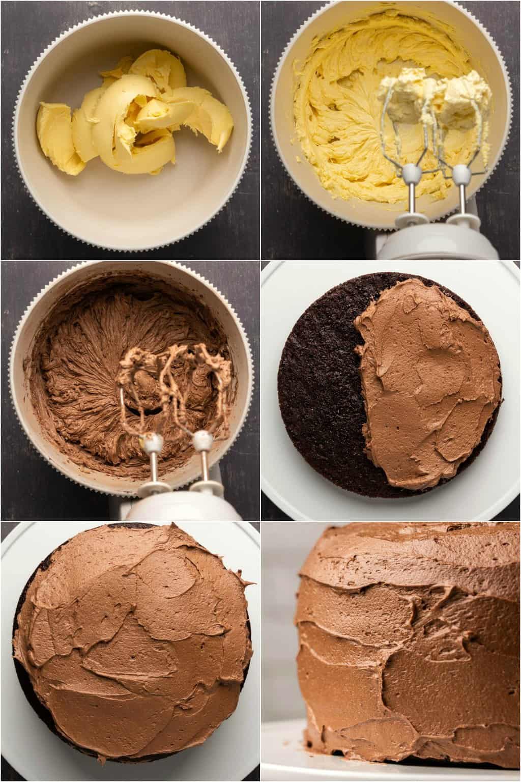 Étape par étape, collage de photos de fabrication de glaçage au chocolat au beurre végétalien.