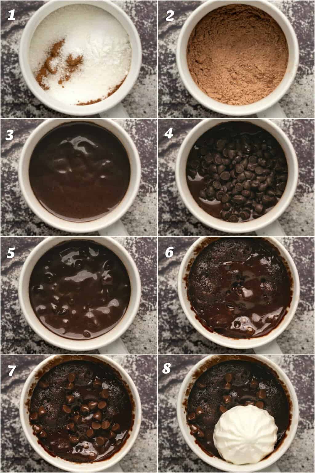 Étape par étape, collage de photos de fabrication d'un gâteau de tasse végétalien. 