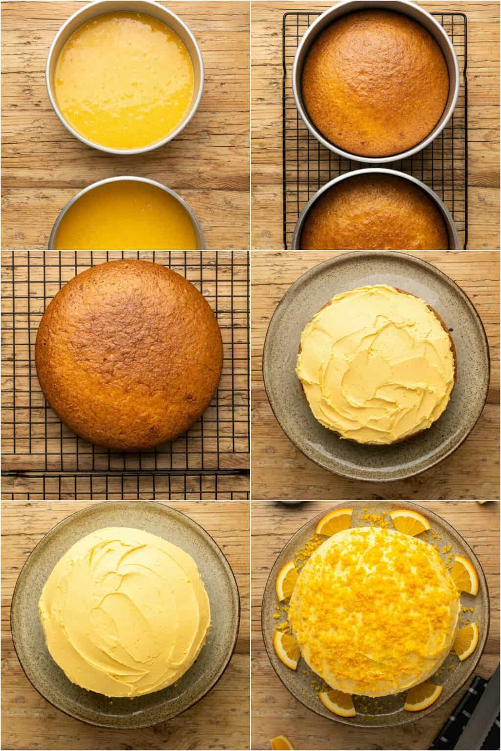 Étape par étape, collage de photos de fabrication de gâteau orange végétalien