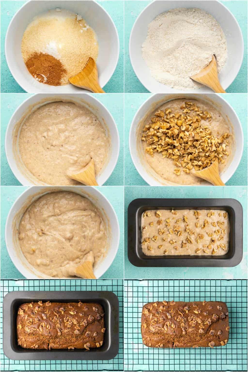 Étape par étape, collage de photos de fabrication de pain aux bananes végétalien sans gluten.