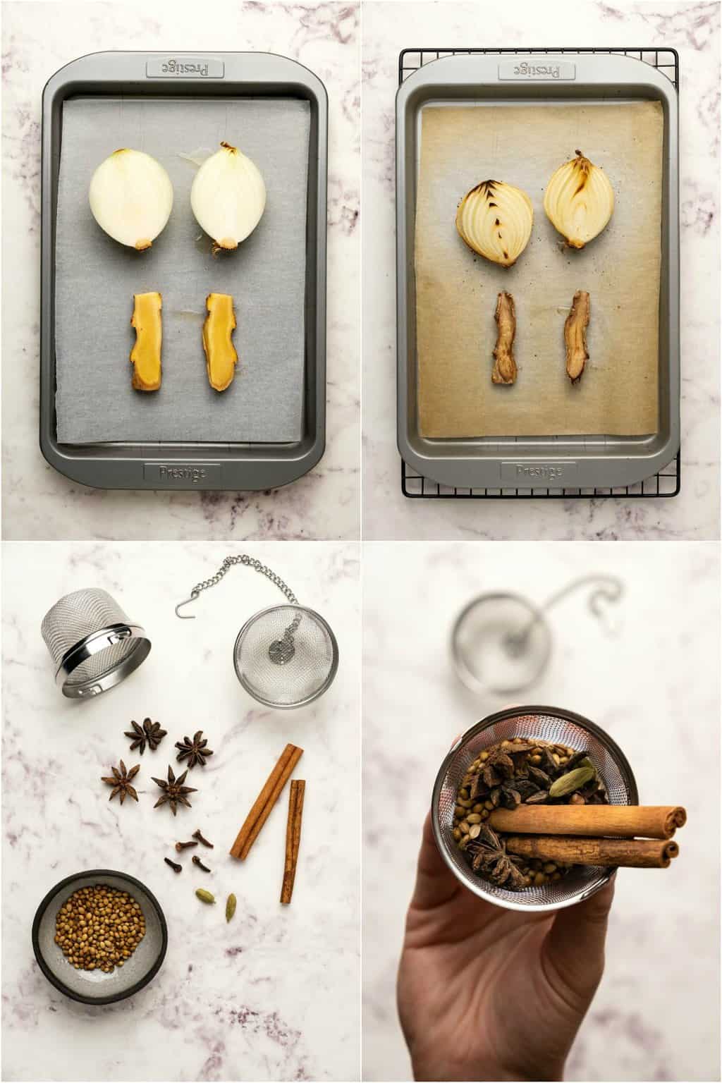 Préparer des oignons et du gingembre carbonisés et des épices pour le pho végétalien. 