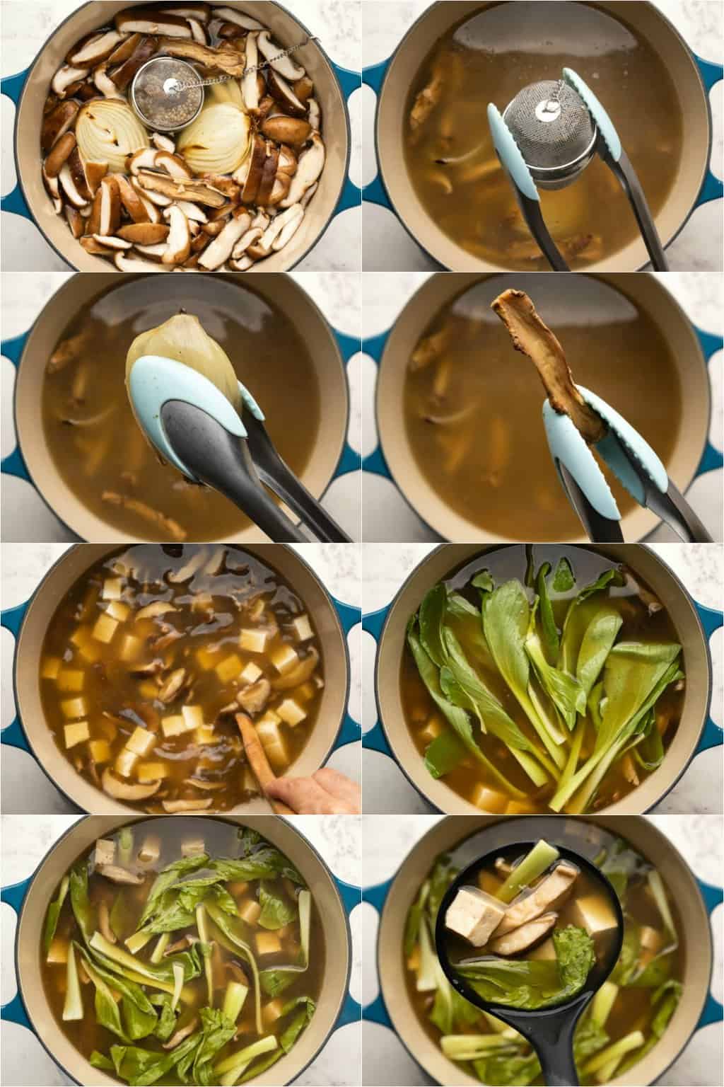 Étape par étape, procédez au collage photo de la préparation du bouillon pour un pho végétalien. 