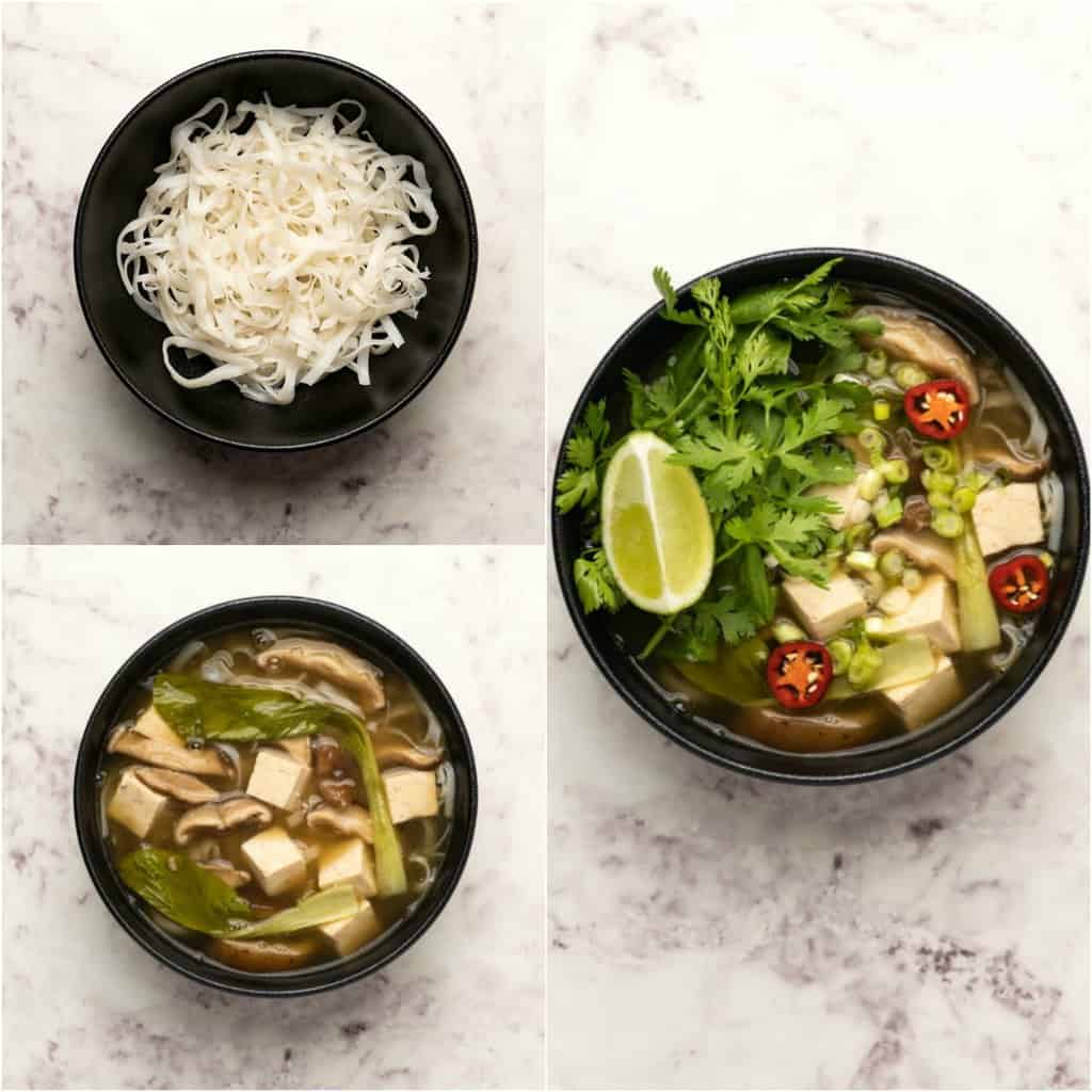 Assemblage de pho végétalien dans un bol noir. 