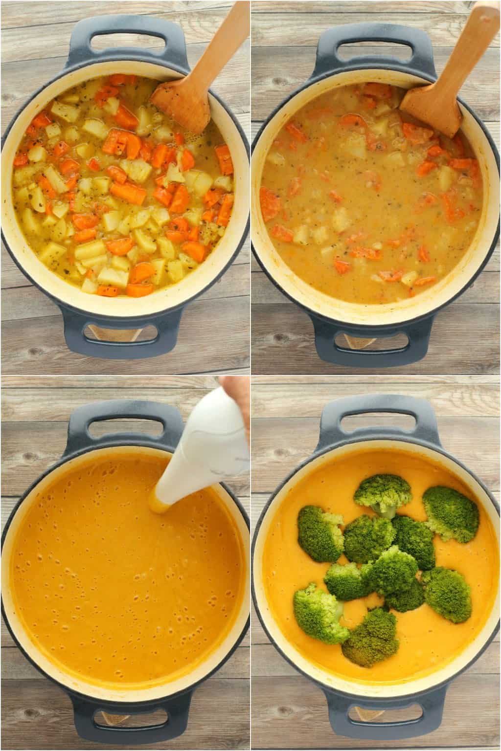 Étape par étape, collage de photos de fabrication de soupe au fromage de brocoli végétalien. 
