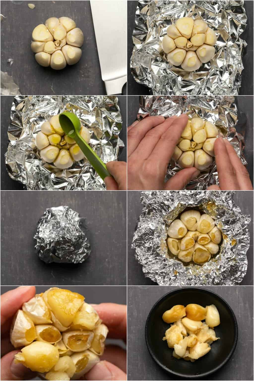 Étape par étape, procédez au collage de photos pour faire de l'ail rôti. 