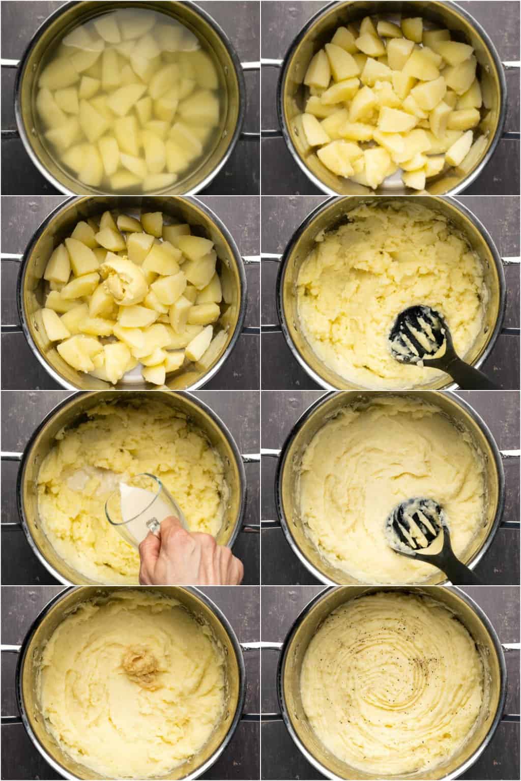 Processus étape par étape de collage de photos de fabrication de purée de pommes de terre végétalienne. 