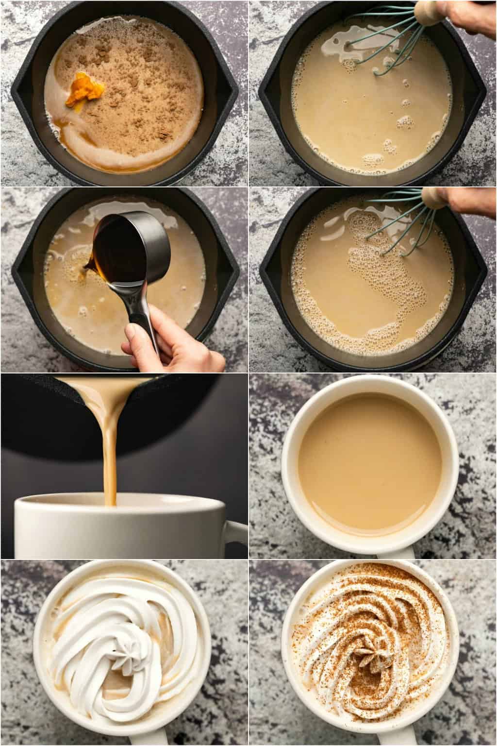 Étape par étape, collage de photos de fabrication d'un latte végétalien aux épices de citrouille.