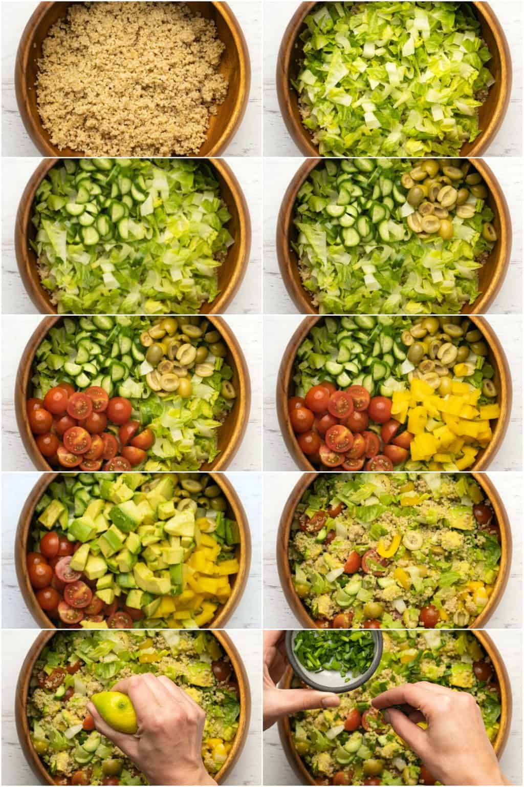 Étape par étape, procédez au collage photo de l'assemblage d'une salade de quinoa végétalienne. 