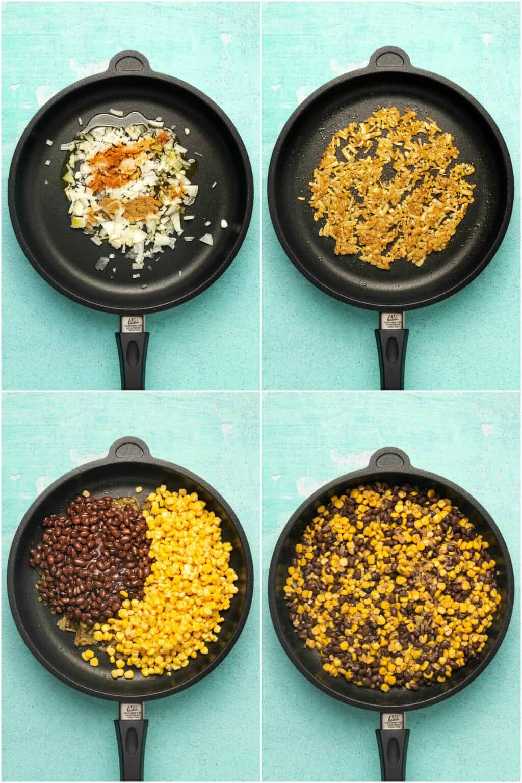Étape par étape, collage de photos de fabrication de haricots noirs et de maïs pour des bols de burrito végétaliens.