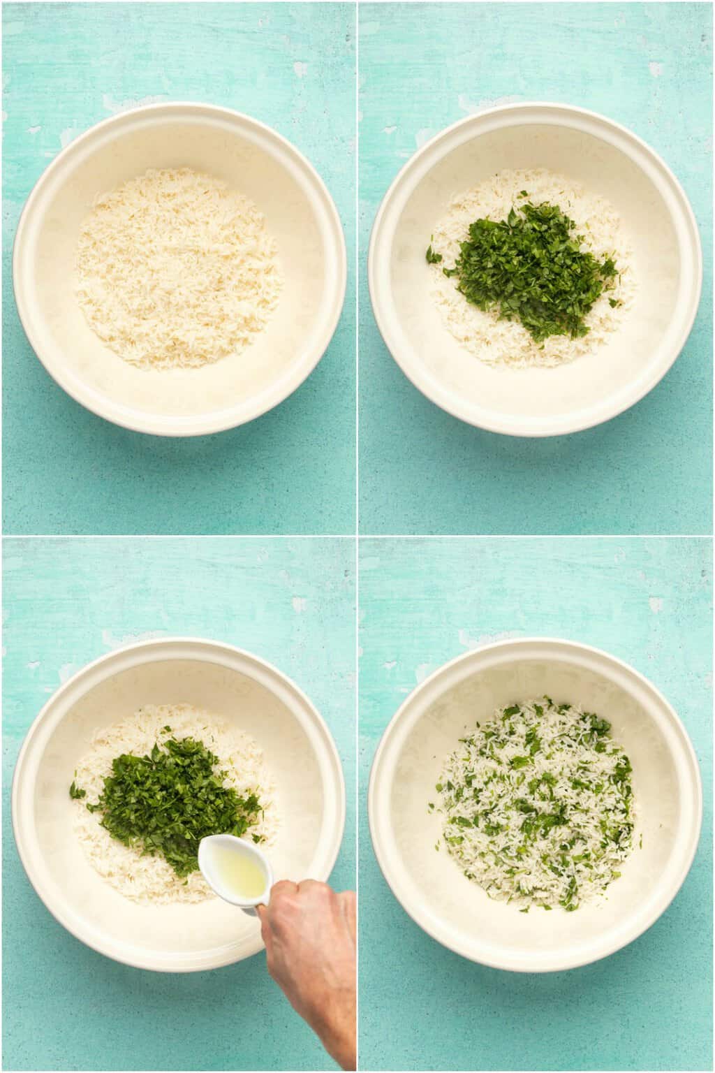 Processus étape par étape de collage de photos de fabrication de riz à la coriandre et de citron vert pour des bols de burrito végétaliens.