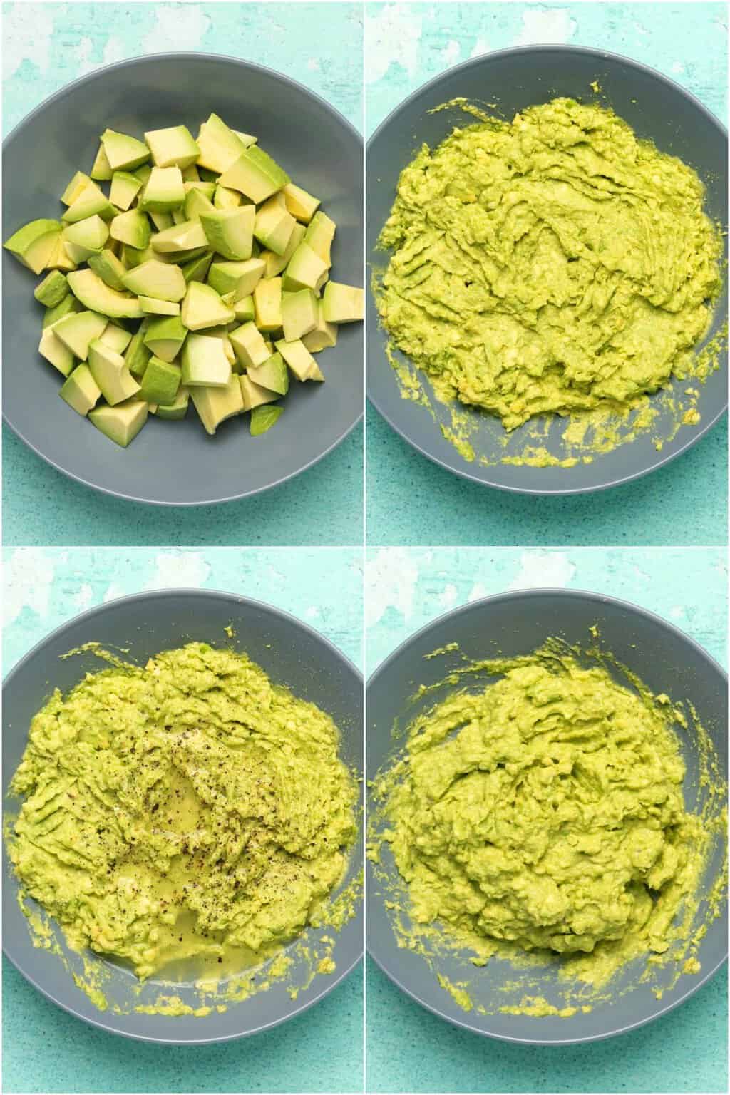 Étape par étape, collage de photos de fabrication de guacamole pour des bols de burrito végétaliens