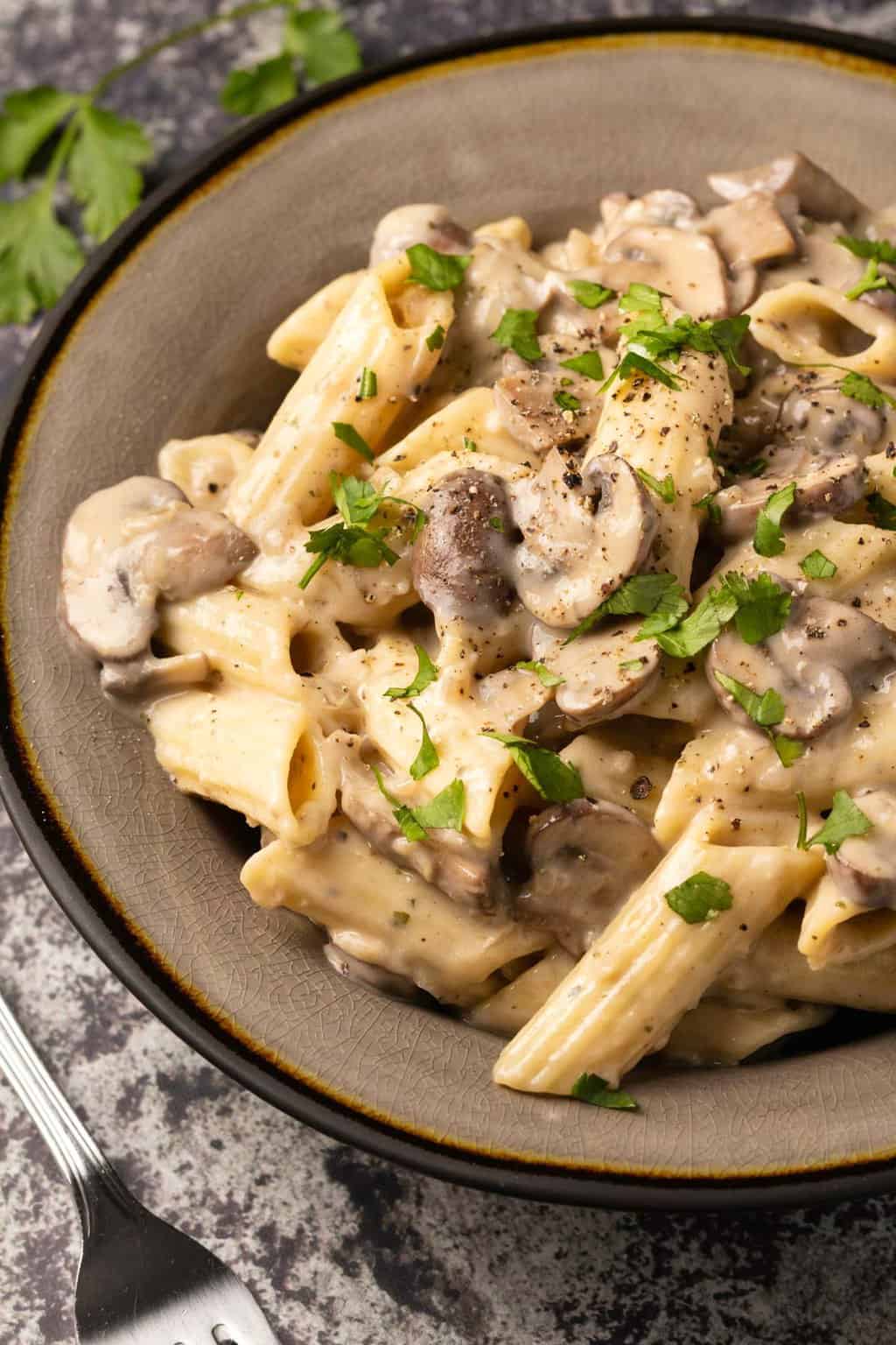 Pâtes aux champignons végétaliennes garnies de coriandre hachée dans un bol en pierre.