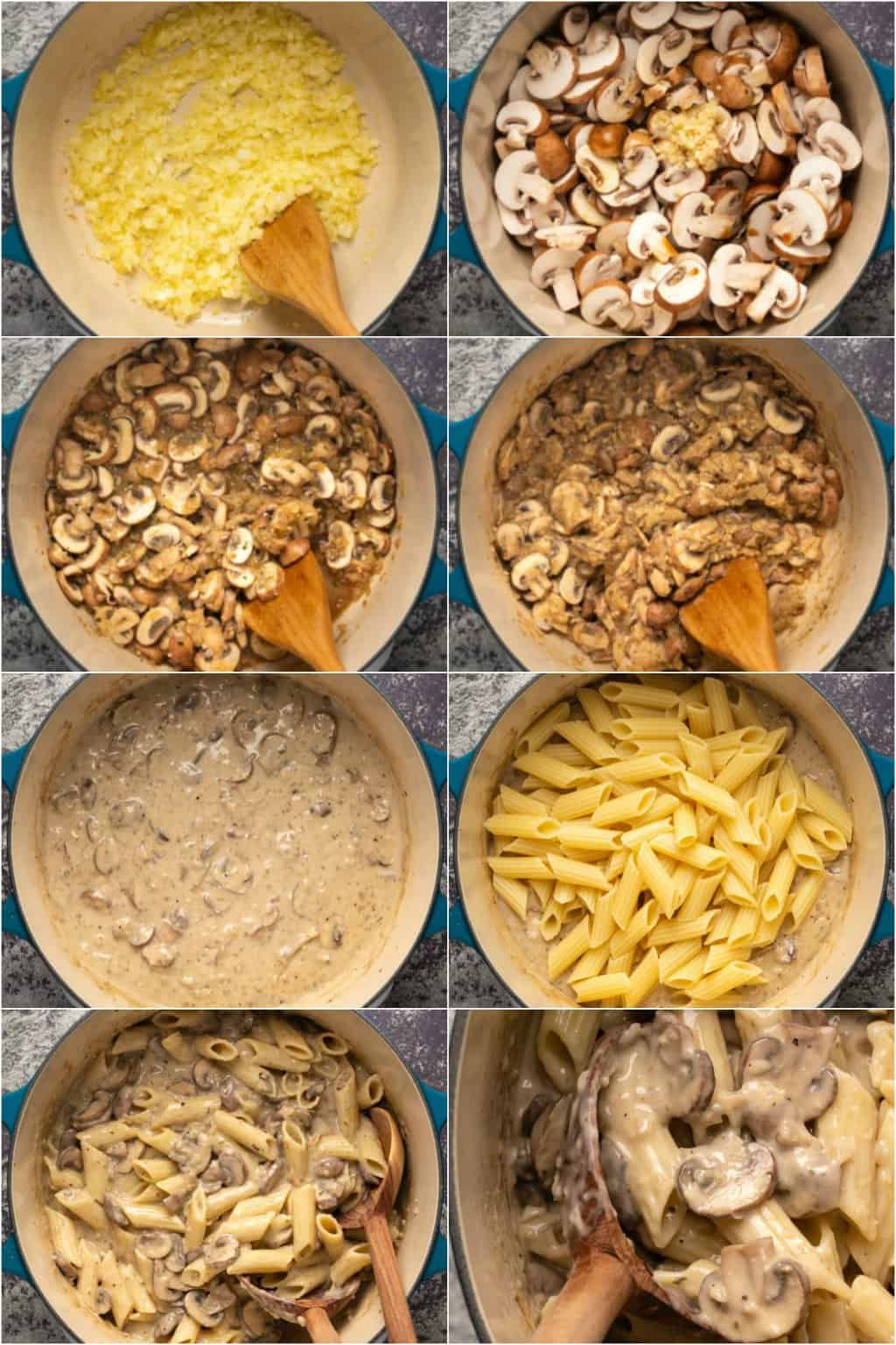 Étape par étape, collage de photos de fabrication de pâtes aux champignons végétaliennes.