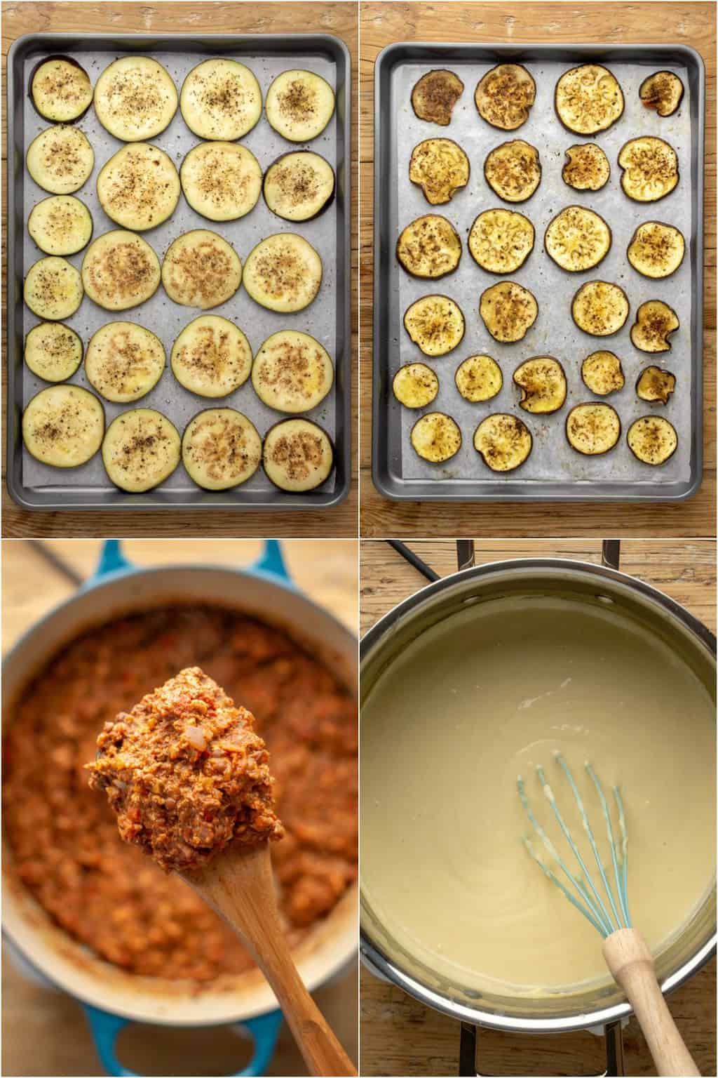 Étape par étape, collage de photos de fabrication de moussaka végétalienne.