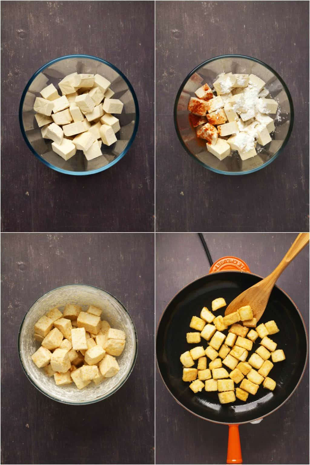 Étape par étape, collage de photos de préparation du tofu pour le tofu du général Tso. 