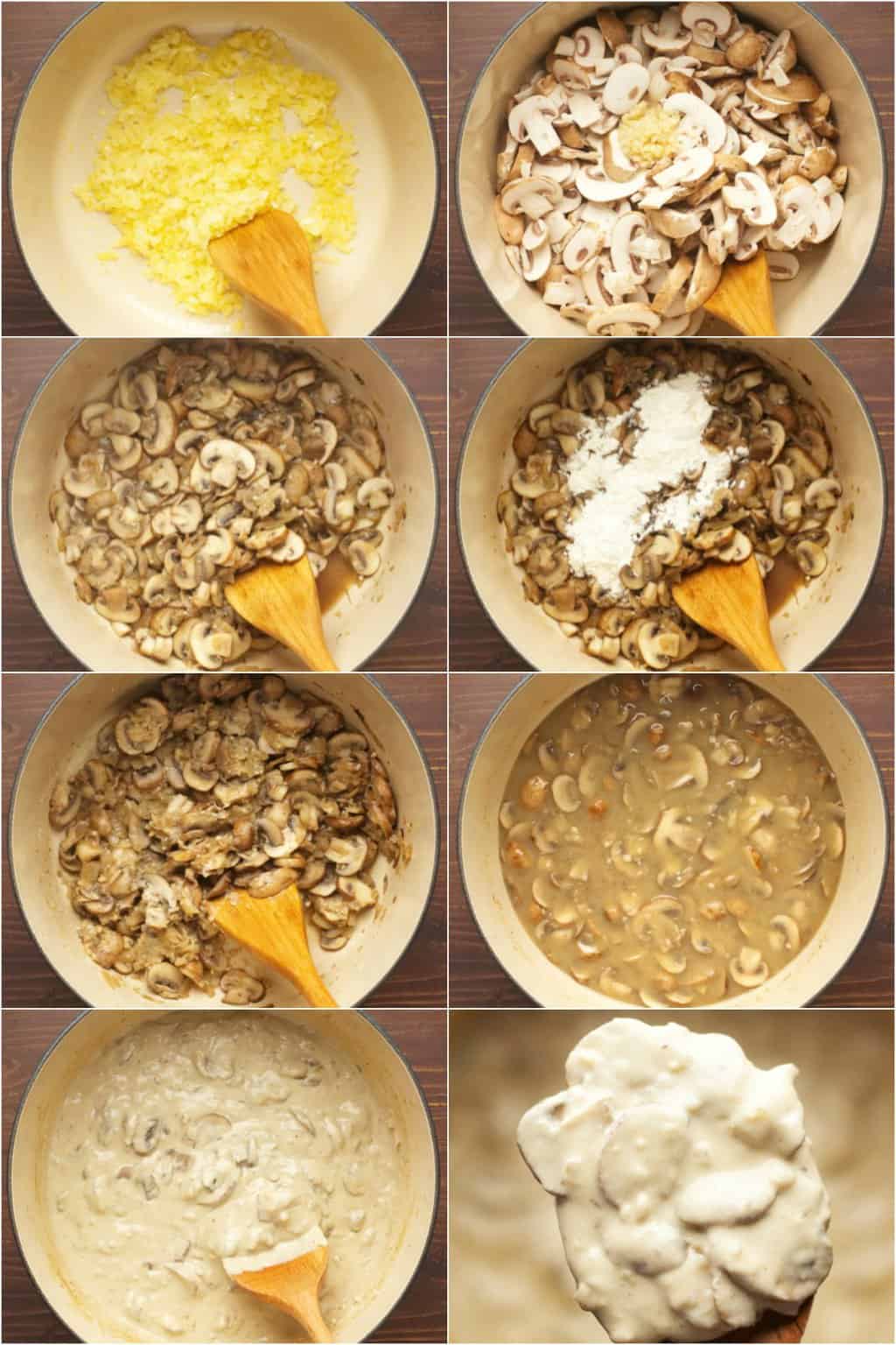 Étape par étape, procédez au collage photo de la préparation d'une sauce végétarienne aux champignons stroganoff.