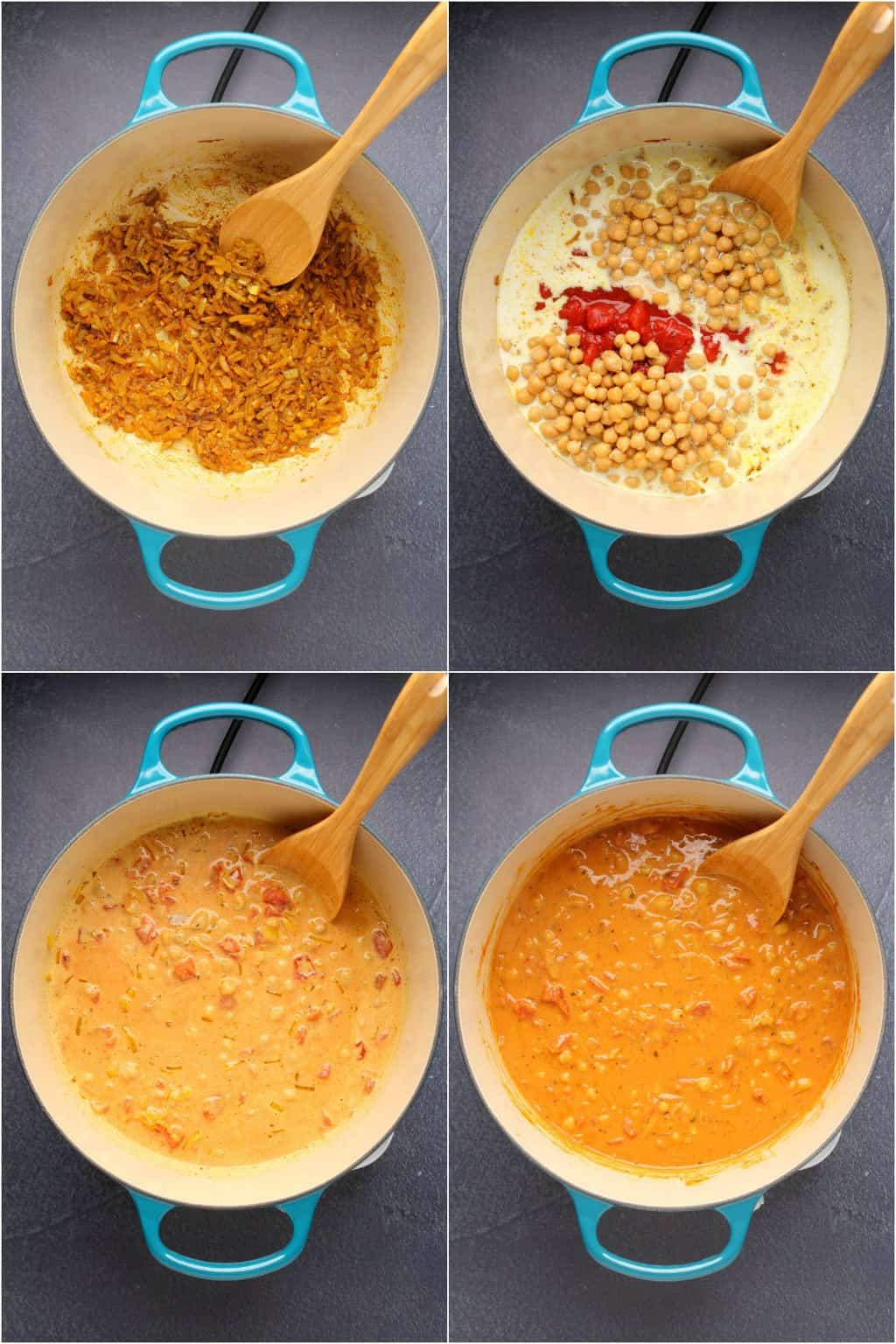 Étape par étape, collage de photos de fabrication de curry de pois chiches végétalien.