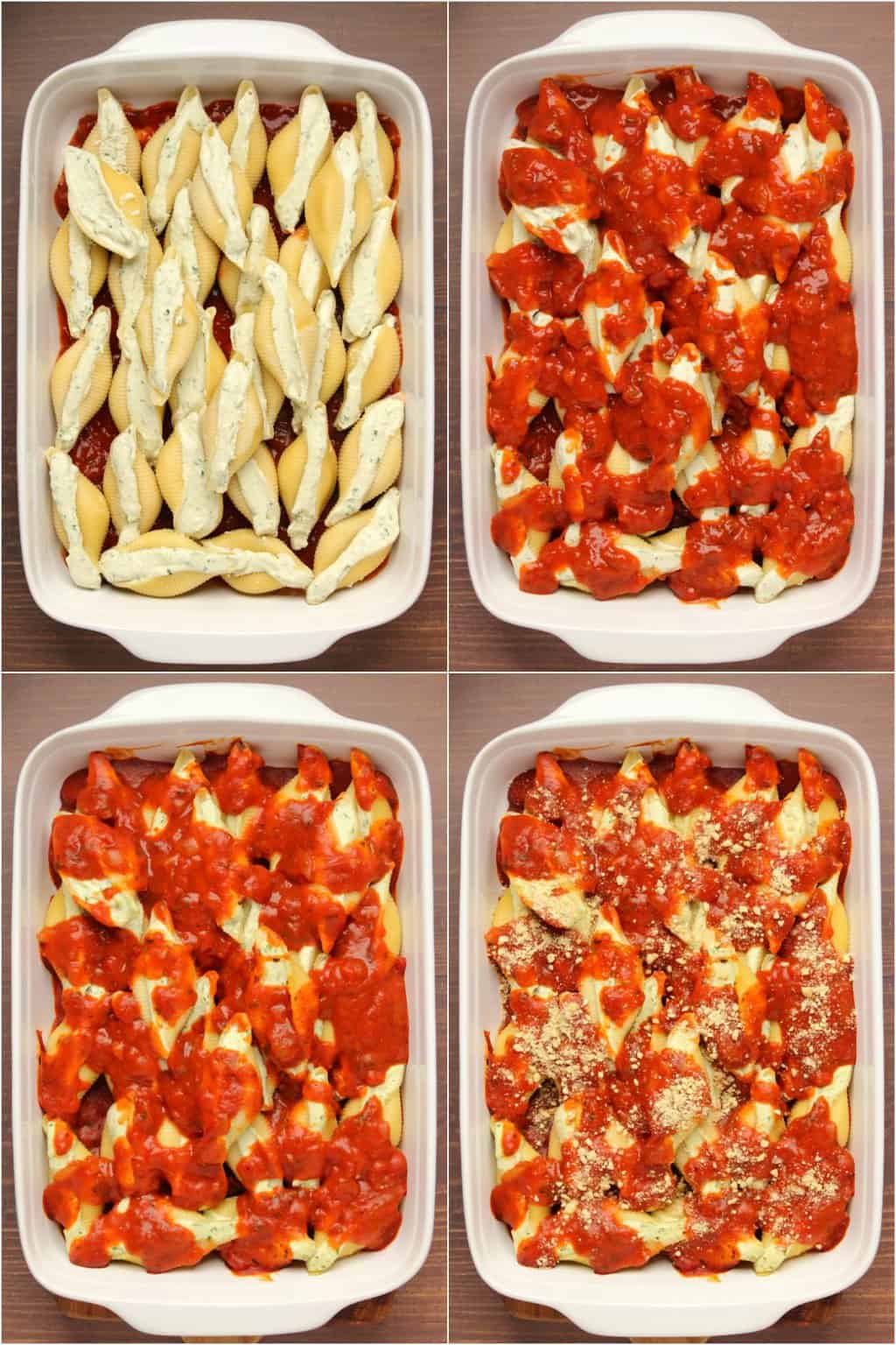 Étape par étape, collage de photos de fabrication de coquilles farcies végétaliennes.