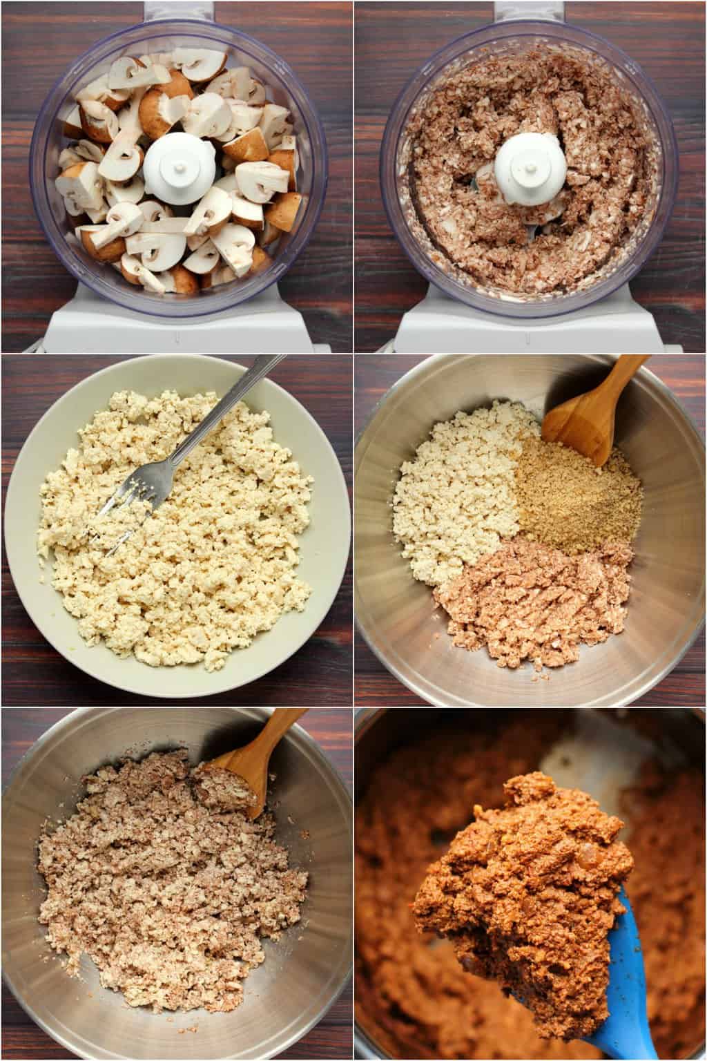 Étape par étape, réalisez un collage de photos de fabrication d'une bolognaise végétalienne pour une lasagne. 
