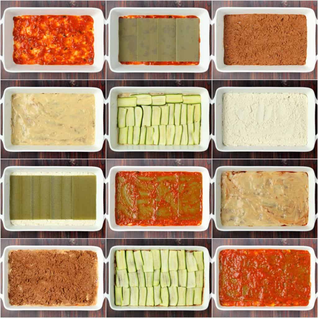 Étape par étape, procédez au collage photo de l'assemblage des couches d'une recette de lasagne végétalienne. 