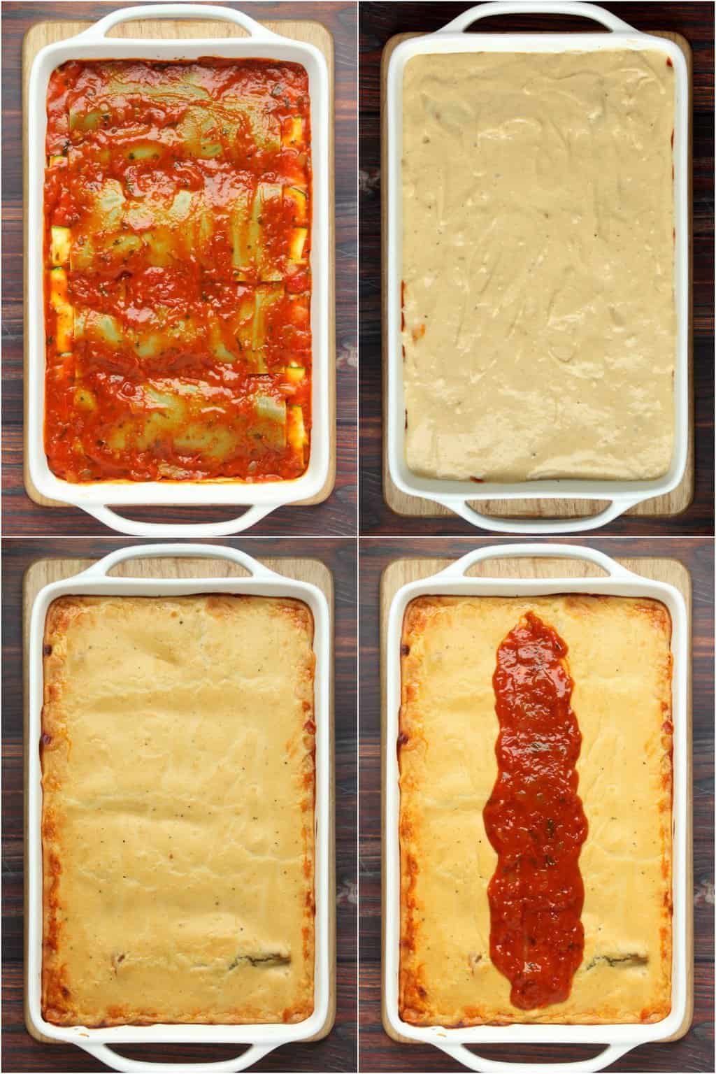 Étape par étape, procédez au collage de photos pour terminer une recette de lasagne végétalienne. 