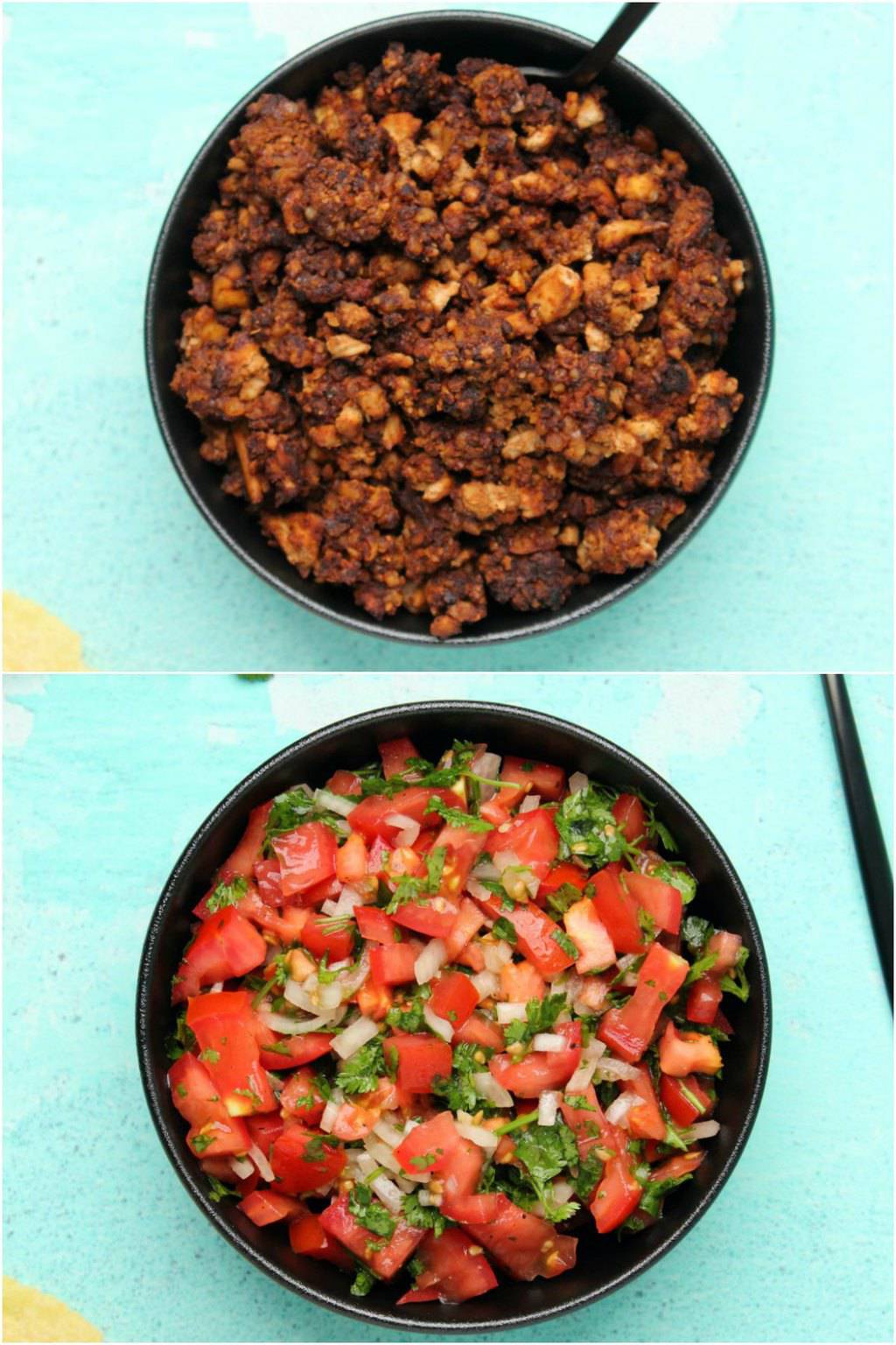 Viande de taco végétalienne et pico de gallo pour la viande de taco végétalienne. 