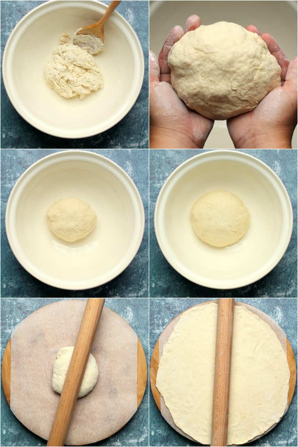 Étape par étape, collage de photos de fabrication de pâte à pizza végétalienne. 