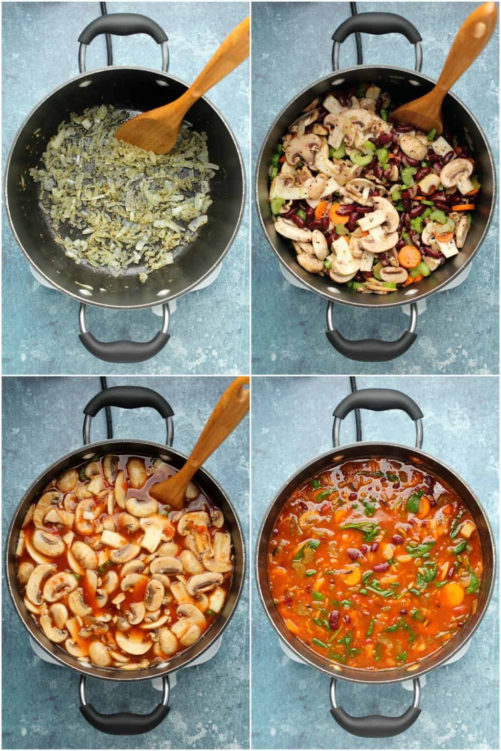 Étape par étape, collage de photos de fabrication de soupe végétalienne au minestrone.