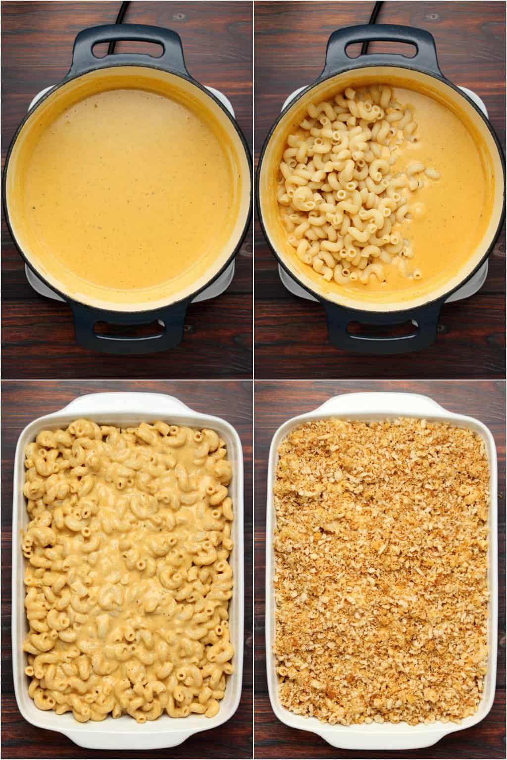 Processus étape par étape de collage de photos de fabrication de mac et de fromage végétaliens.