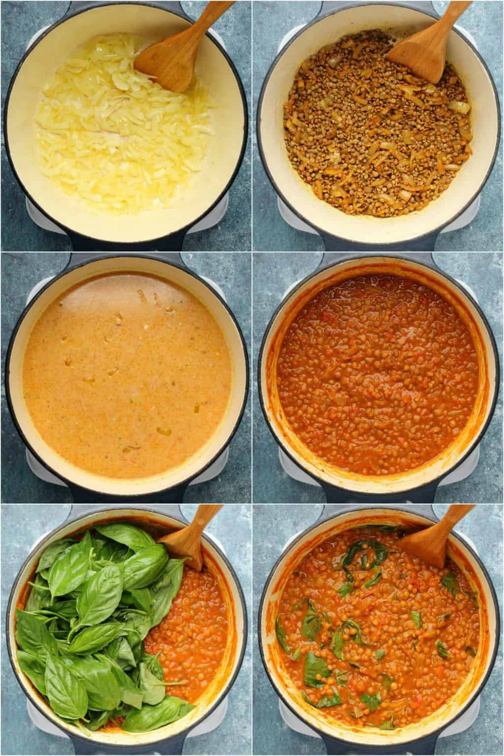 Étape par étape, collage de photos de fabrication de curry de lentilles végétaliennes.